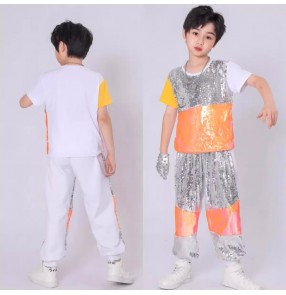 Children boys silver orange sequins jazz hip hop street dance costumes rapper singers gogo dancers model show drum performance outfits catwalk sequined T-shirt trousers